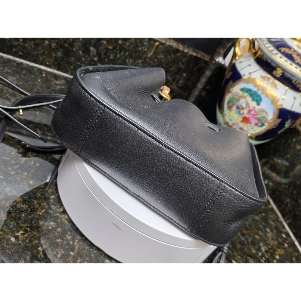 Tory Burch Miller Cinch Bag Small Black Leather Wood Handle Crossbody Bucket Bag